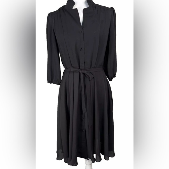 Nanette Lepore Black Button Up Midi Shirt Dress Fit and Flare Pin Tuck  Size 4 - Picture 1 of 11
